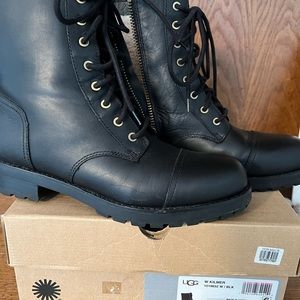 EUC women’s sz 9.5 UGG black leather Kilmer combat boots with shearling lining.